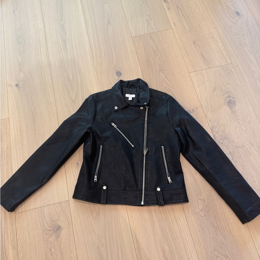 Topshop Black Leather Moto Jacket with Asymmetrical Zipper